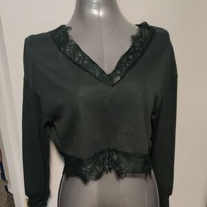 SHEIN Green V-Neck Lace Crop Blouse